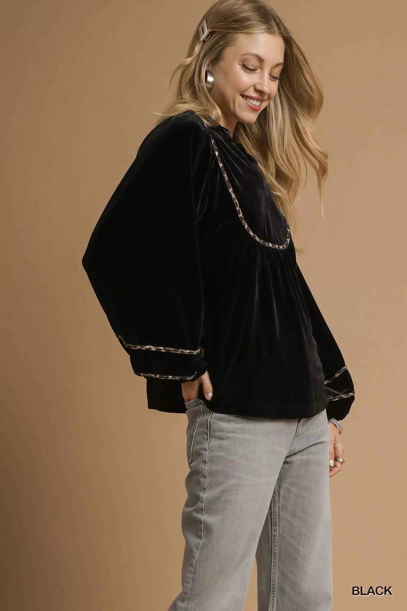 Umgee Velvet Long Sleeve Blouse with Contrast Trim eb60ad36-4aaf-469b-8b72-637e9398ddc8-Max-Origin