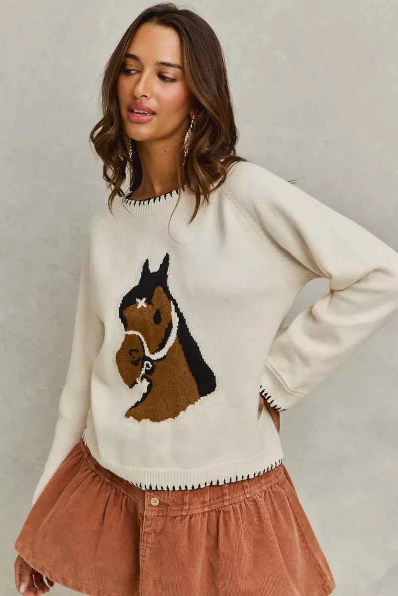 SO ME Horse Knit Sweater Top with Blanket Stitch eb6c5d1c138d4bf4ae63e831efc7a883-Max-Origin