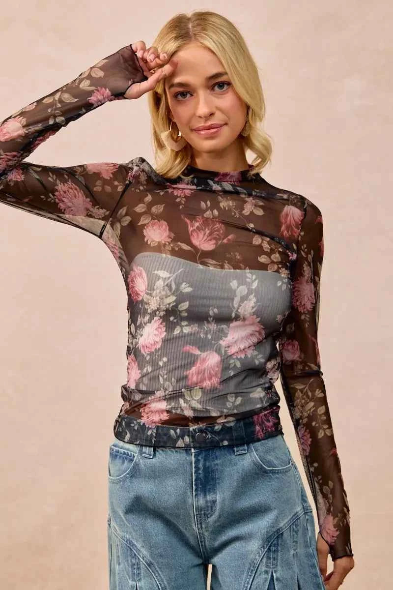 BiBi Flower Printed Mesh Lace Top with Thumb Opening eb6cea18cbbb42dda9a50751c1bb4e28-Max-Origin