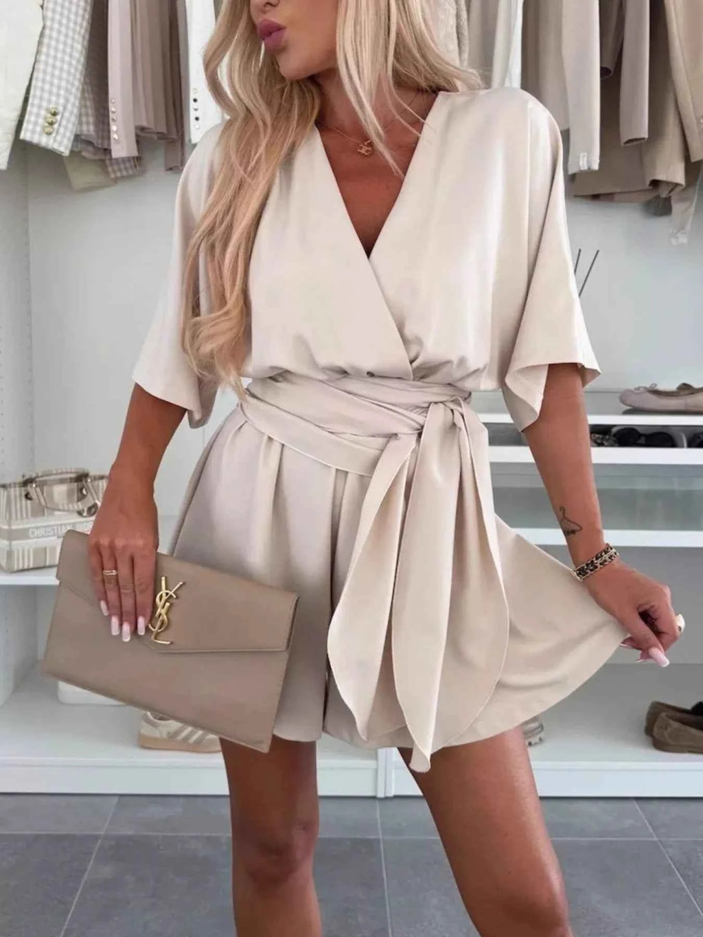 Full Size Surplice Tie Waist Romper Plus Size Apricot eb70f85b-0e5f-4f61-979f-181b31289d30-Max-Origin
