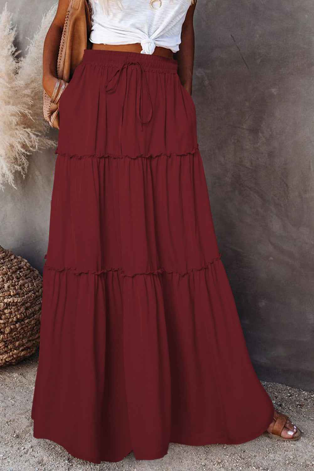 Fiery Red Black Frill Tiered Drawstring Waist Maxi Skirt 100%Polyester eb72ad1bdeda9465