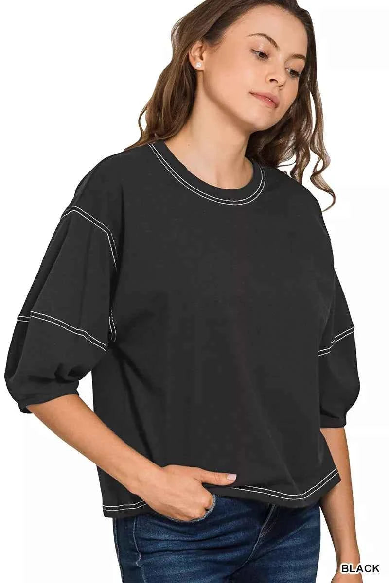 Zenana Balloon Sleeve Top with Contrast Stitching eb72e3d544b947a3bdcbba33ba829038-Max-Origin