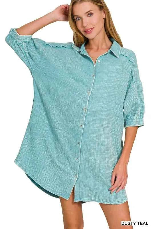 Zenana Washed Double Gauze Button Down Shirt Dress DUSTY TEAL eb7460122c1543439c5cd32271befcfa-Max-Origin