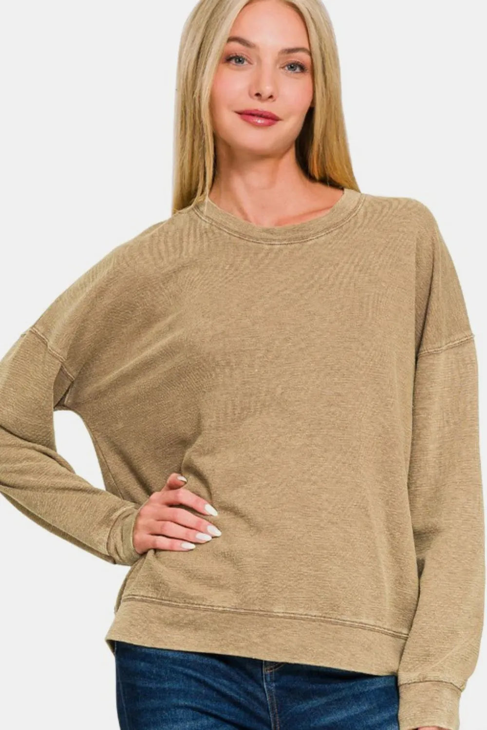 Zenana Washed Round Neck Dropped Shoulder Sweatshirt Camel eb75ced3-2956-4178-a414-853e6871904f-Max