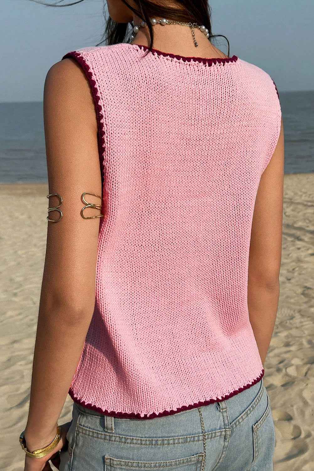 Pink Contrast Trim Buttoned Front Sweater Vest eb7b8409a91eddee