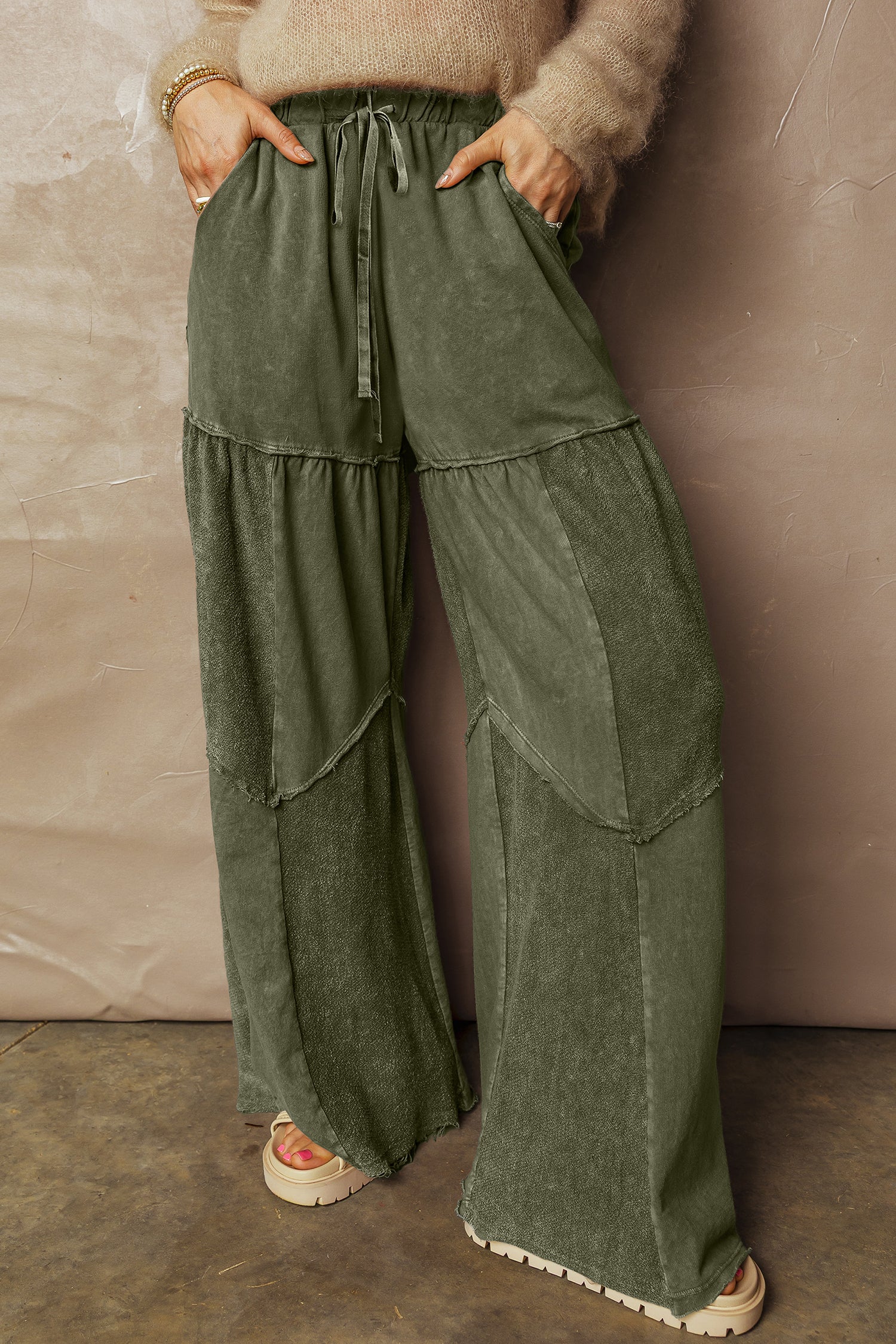 Vineyard Green Mineral Wash Tiered Wide Leg Patchwork Drawstring Pants eb7f04840cf6ab35