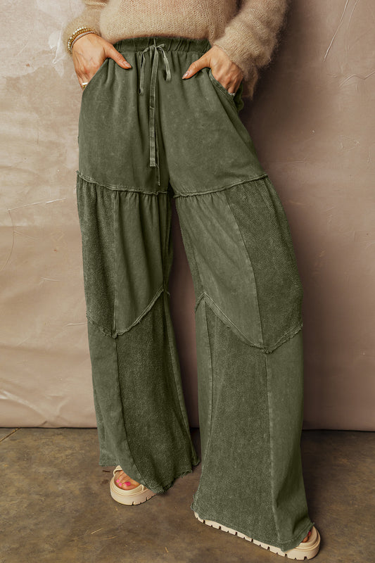 Vineyard Green Mineral Wash Tiered Wide Leg Patchwork Drawstring Pants eb7f04840cf6ab35