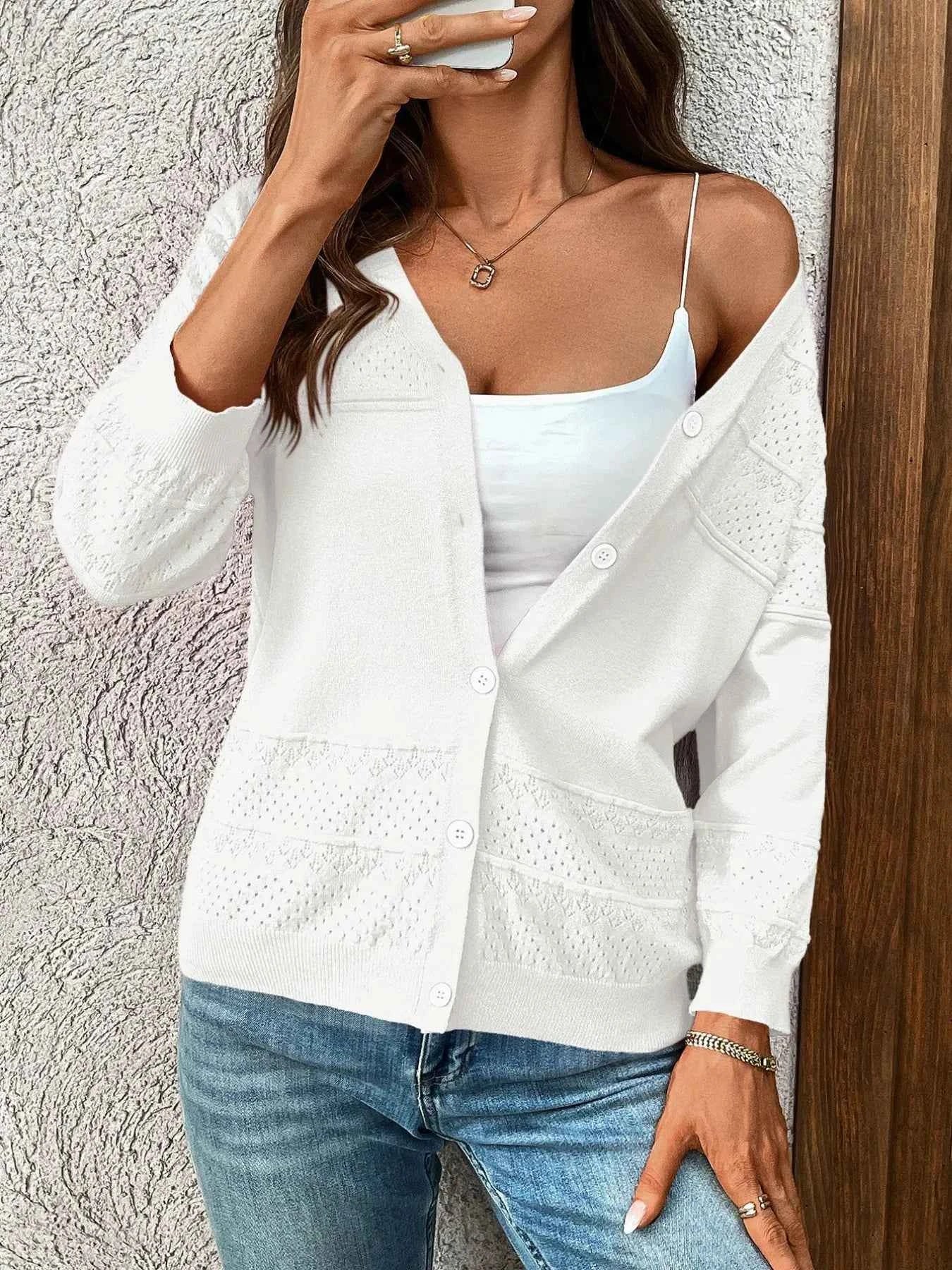 Textured Button-Front Cardigan with 3/4 Sleeves White eb877136-9ecf-4e48-8ca6-5b1b5ae3f522-Max-Origin