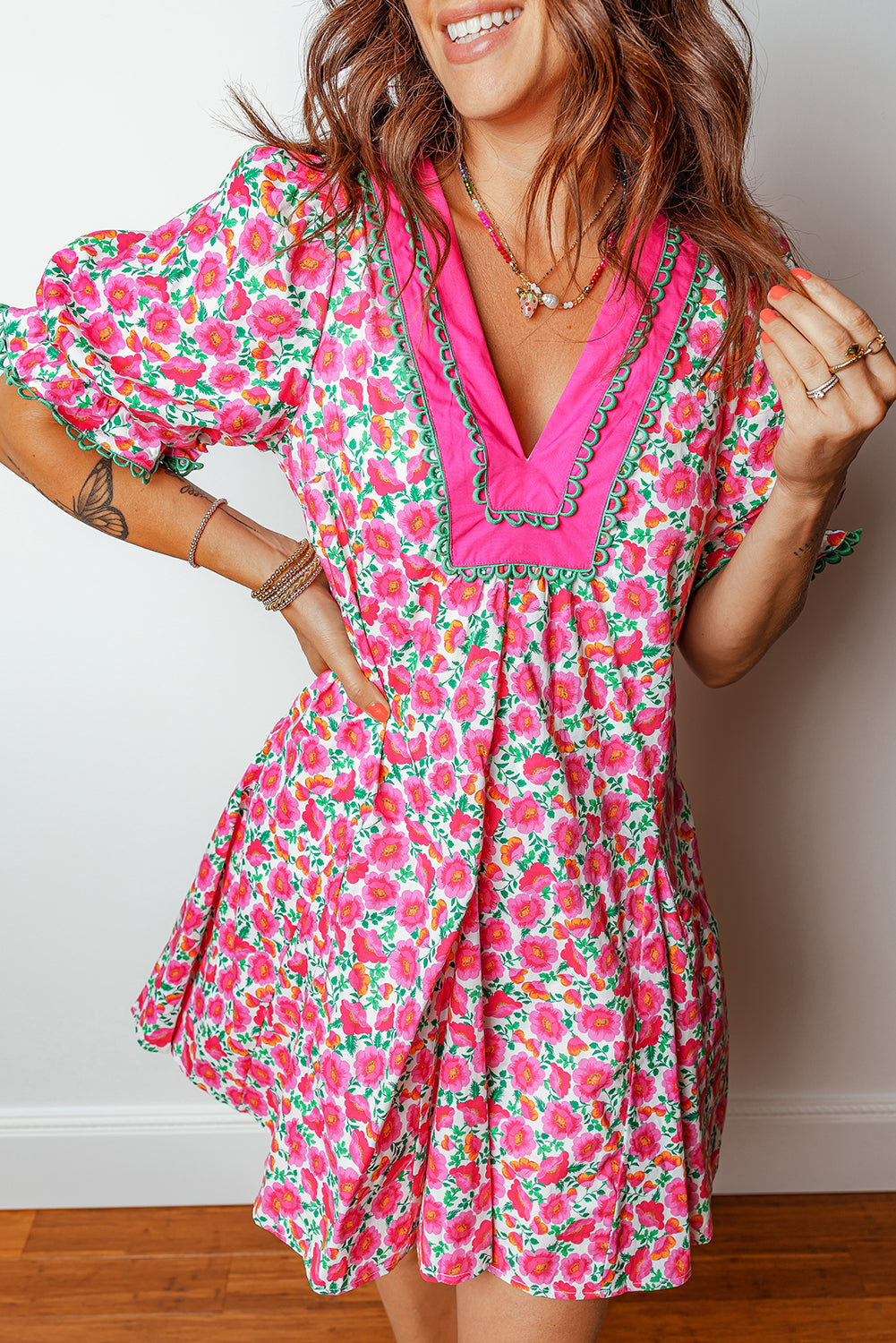 Pink Floral Print V Neck Patchwork Short Bubble Sleeve Mini Dress eb8c0d1b2af840d2