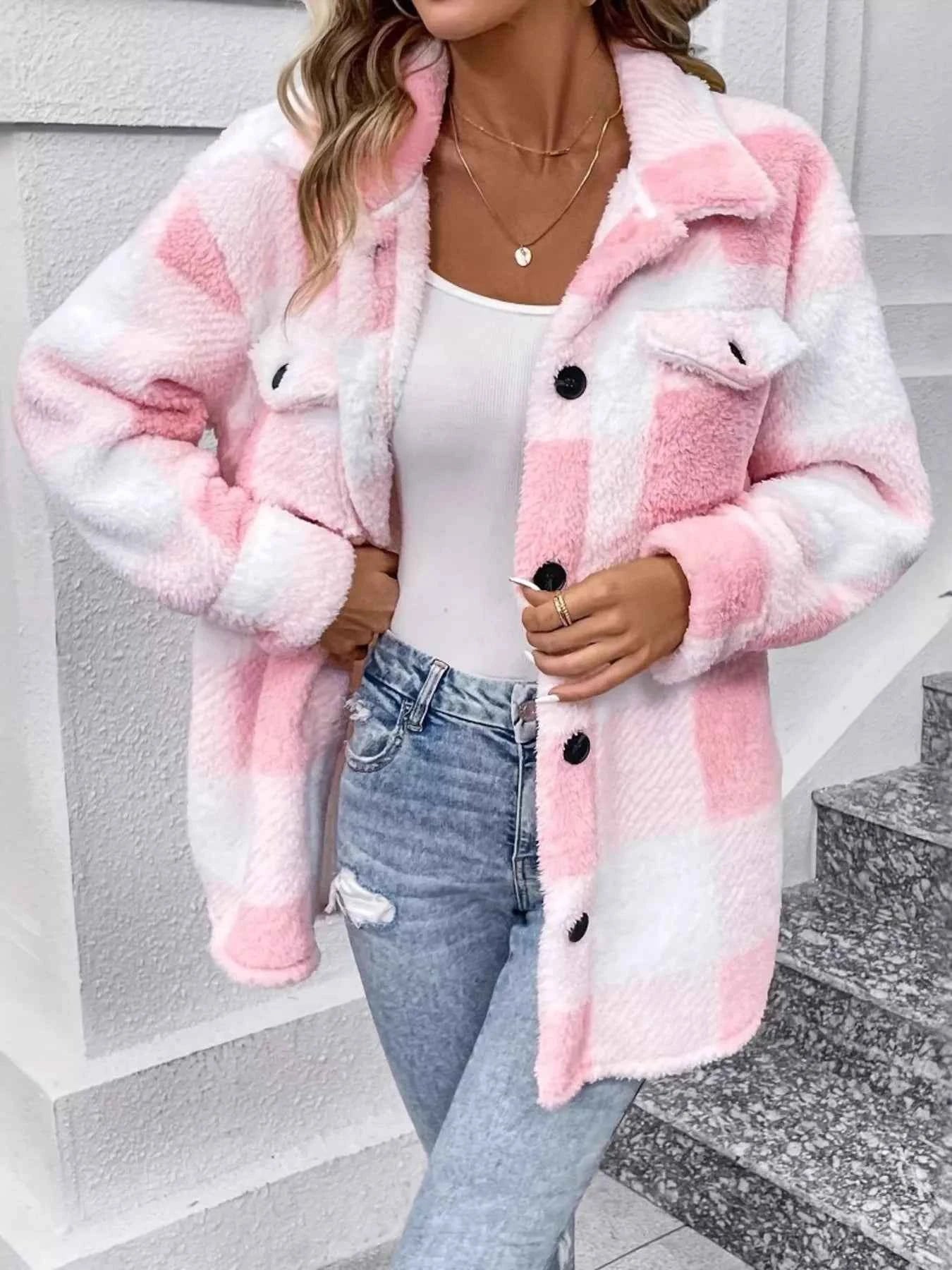 Plaid Fleece Button-Up Outerwear Pink eb8d4b496bdb4462a539e596cdbaf6d9-Max-Origin