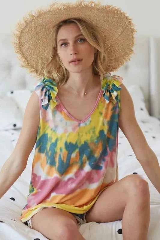 BiBi Circular Tie Dye Knit V Neck Top With Ruffle eb8dc077e88449939052e8885c742c00-Max-Origin