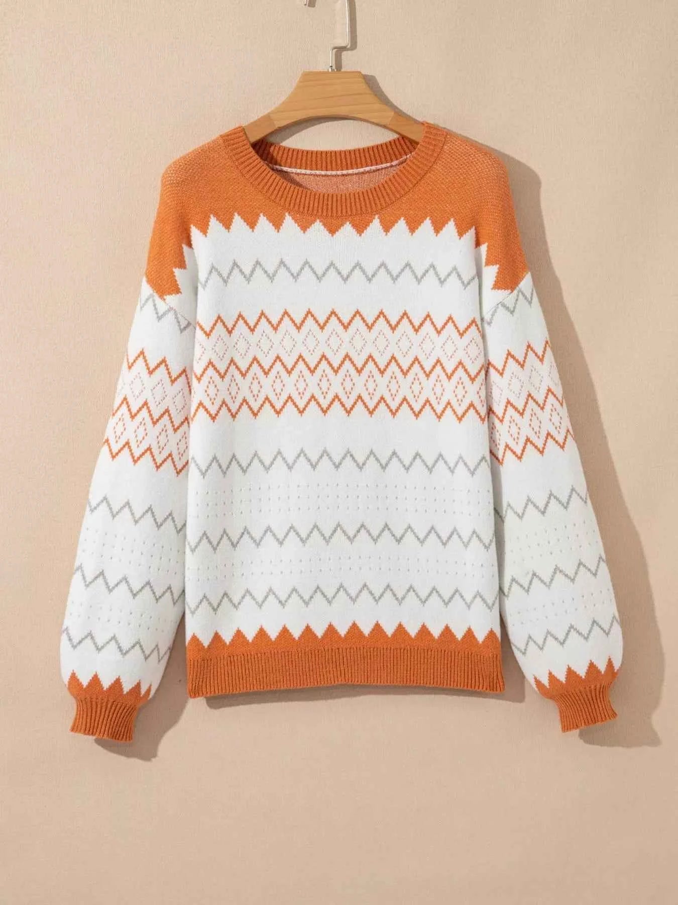 Zigzag Geometric Pattern Round Neck Sweater eb9283f5-5226-423a-aed4-a3ed7d49c131-Max-Origin