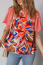 Red Paisley Geometric Mixed Print Patchwork Puff Sleeve Blouse Top eb92b6705d051818