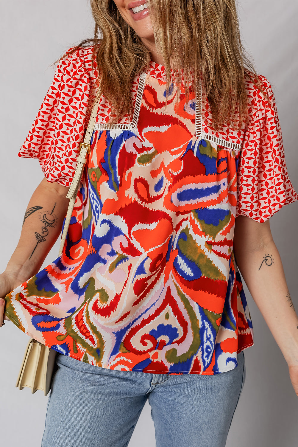 Red Paisley Geometric Mixed Print Patchwork Puff Sleeve Blouse Top eb92b6705d051818