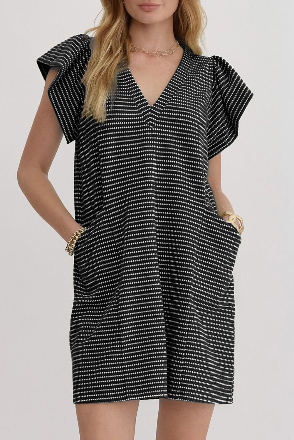 Blue Stripe Textured Knit V Neck Flutter Sleeve Shift Mini Dress eb92e840e3c8fa82