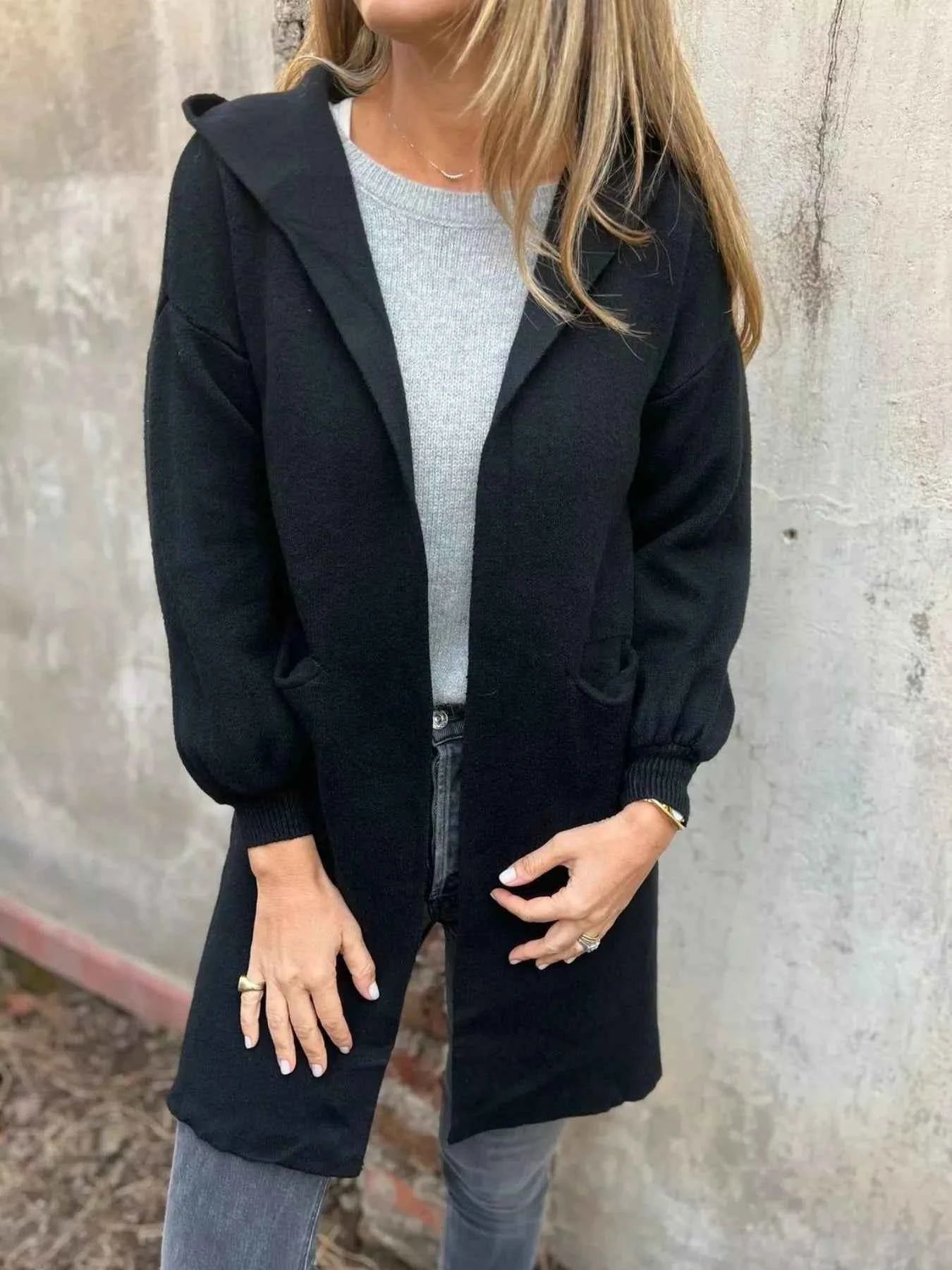 Full Size Open Front Drop Shoulder Hooded Cardigan Plus Size Black eb9370f3-768f-4914-a5d0-7470461fd647-Max-Origin
