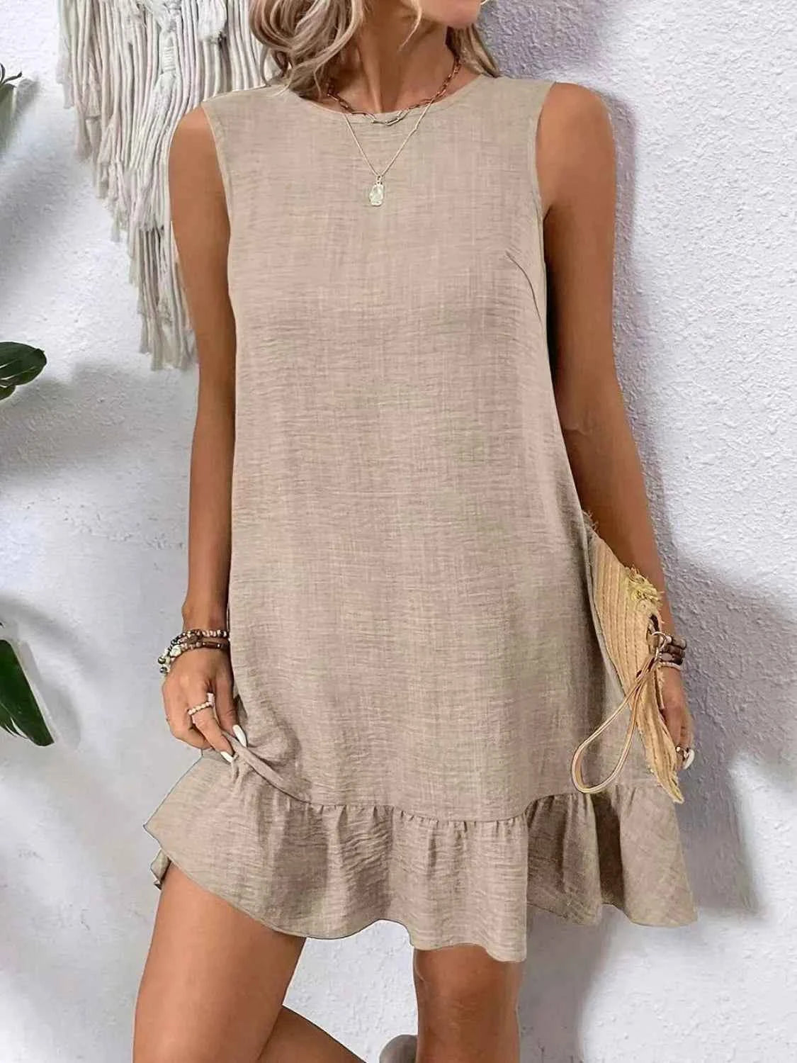 Ruffled Hem Round Neck Sleeveless Dress Tan eb9482ab-1ac6-43d7-be53-3189ee53b544-Max-Origin