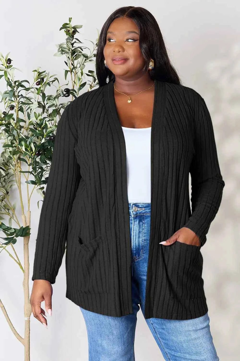 Basic Bae Full Size Ribbed Open Front Cardigan with Pockets Black eba1600b32ad4d6f8e7b15a8a4b71fe4-Max