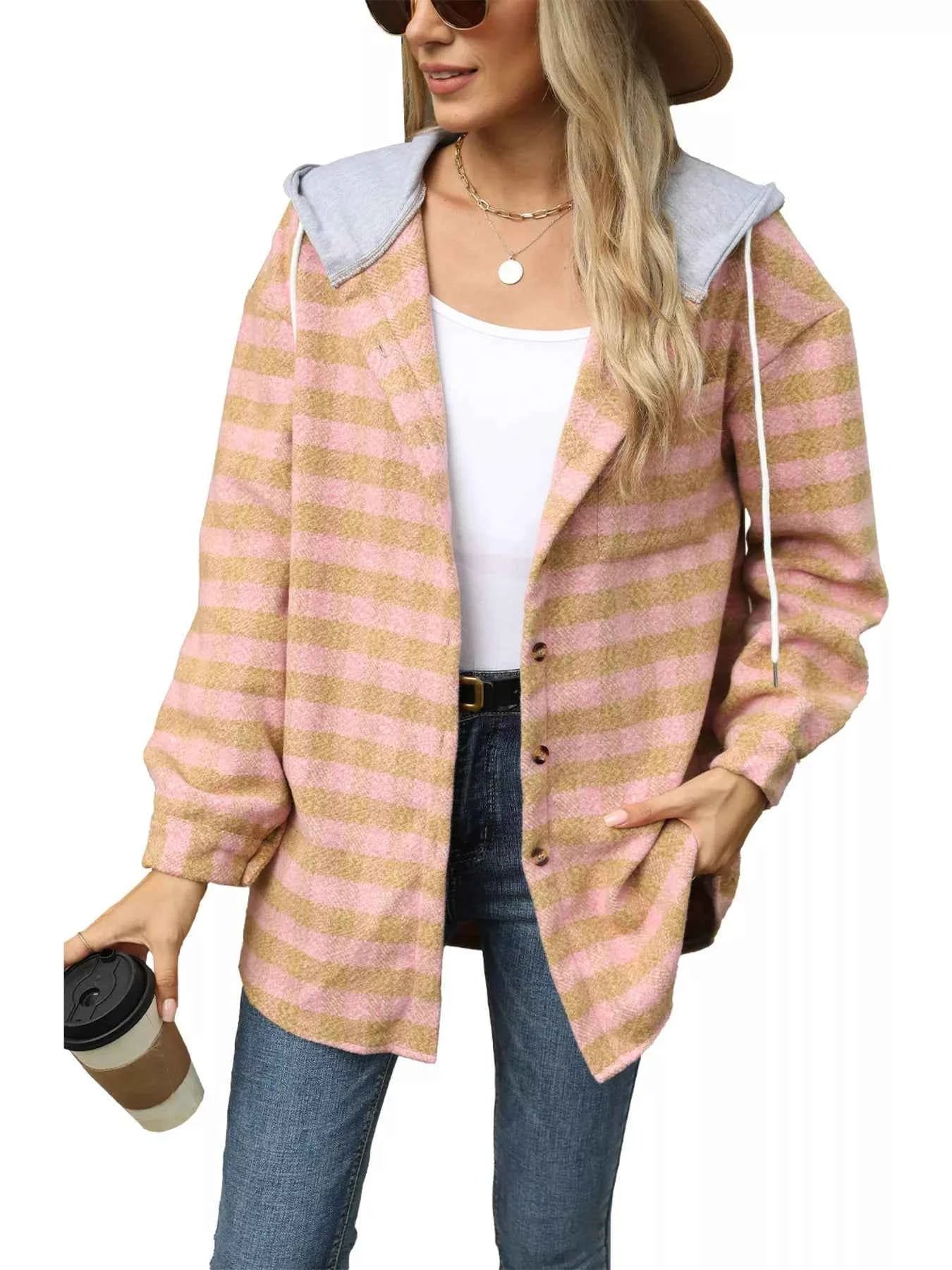 Plaid Button Up Long Sleeve Drawstring Hooded Jacket eba6de9eba69452692af1ac098fa247e-Max-Origin