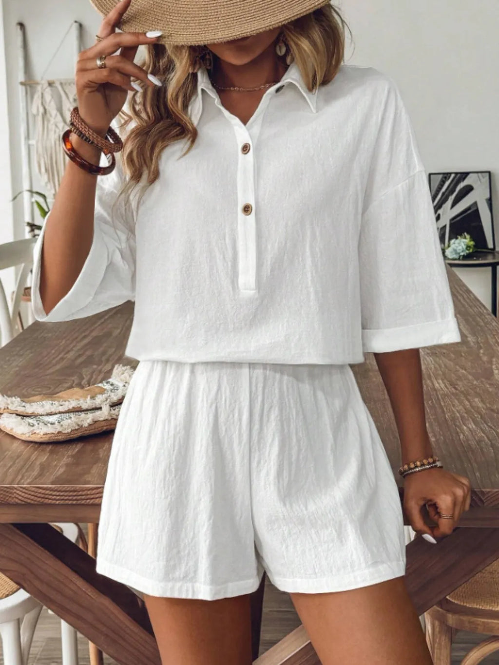 Collared Neck Half Sleeve Top and Shorts Set White ebb8ed56-418c-48c9-8327-6b4c28831690-Max-Origin