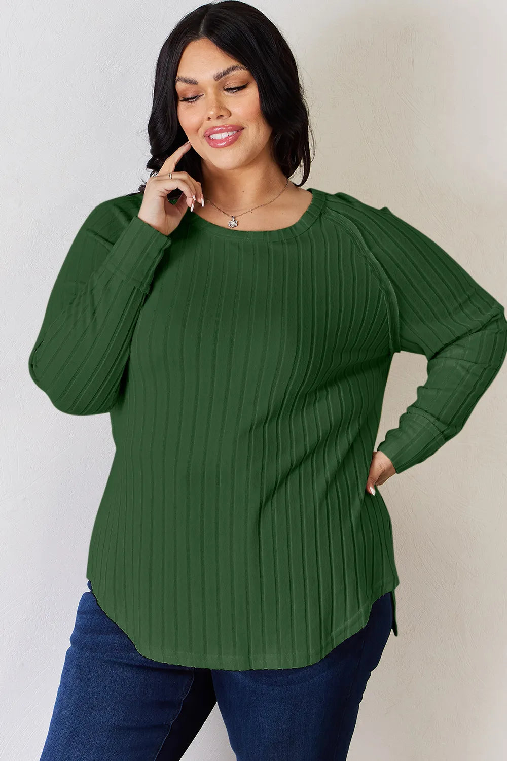 Basic Bae Full Size Ribbed Round Neck Slit T-Shirt ebbbe945-bf22-49f9-9a78-bcf903fc4352-Max