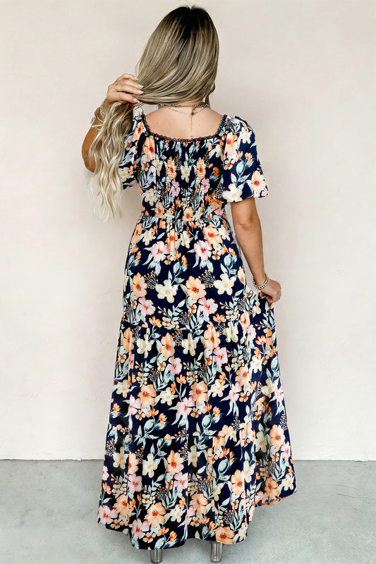 Blue Short Sleeve Smocked Detail High Waist Floral Maxi Dress ebc0eab980838689