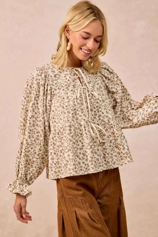 Floral Printed Peplum Blouse with Shirring and Tied ebc3feeee74541f0b5003b06c9991120-Max-Origin