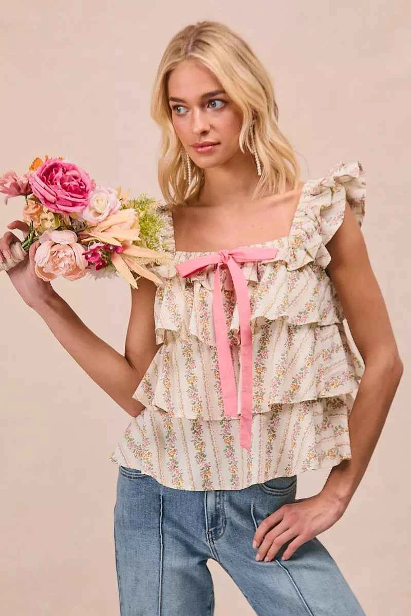 BiBi Floral Printed Woven Front Bow Tied Ruffled Square Neck Sleeveless Top ebc4848637224421a6d19b92bb0d3c95-Max-Origin
