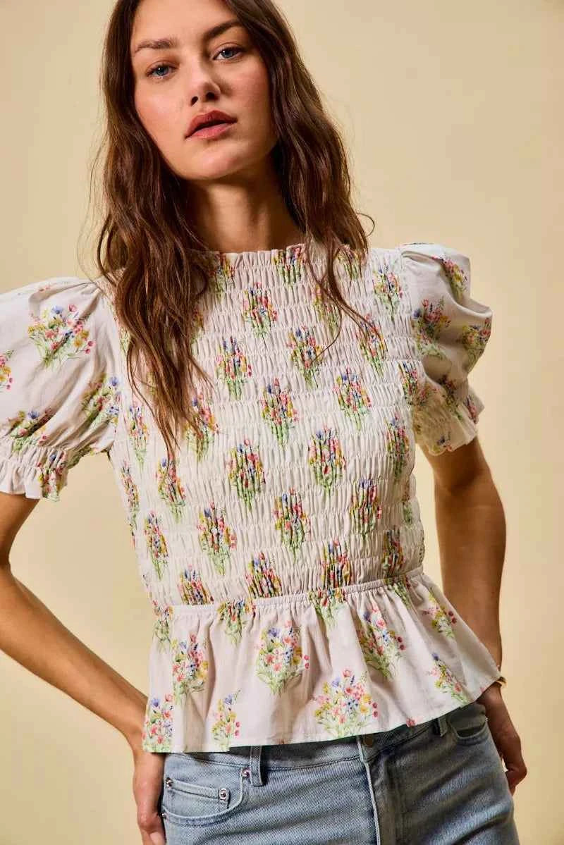 SO ME Floral Cotton Smocked Short Sleeves Blouse ebc66236bb334409baa7408eb5fa7ad0-Max-Origin