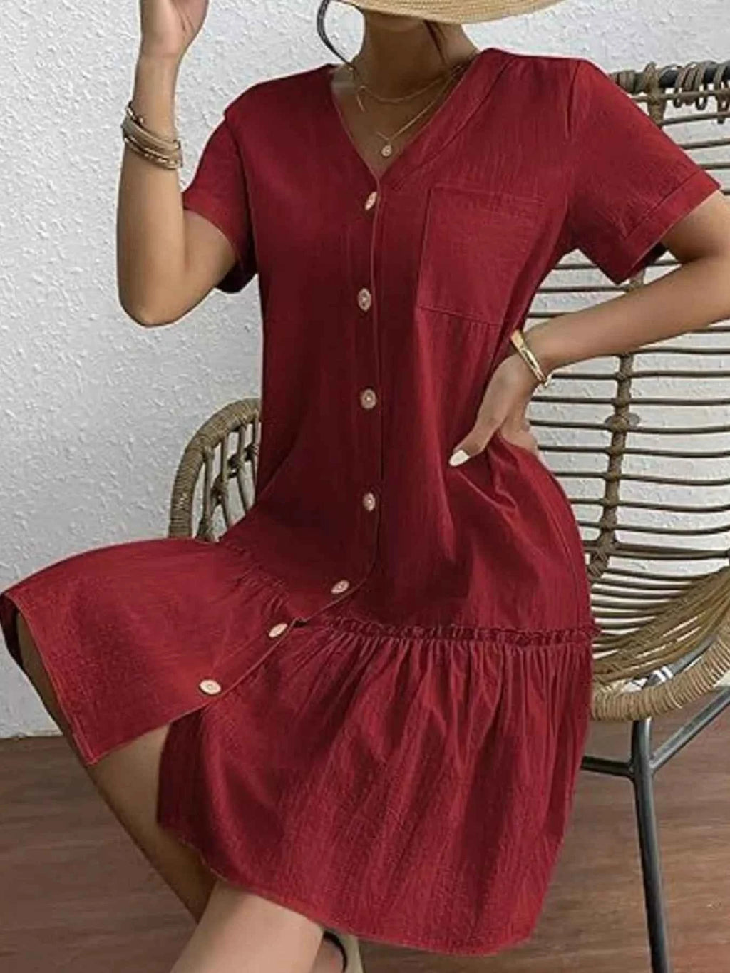 Full Size Button-Front Short Sleeve Tiered Dress Plus Size ebd17028-ee62-4494-8c99-4af35cfee93b-Max-Origin