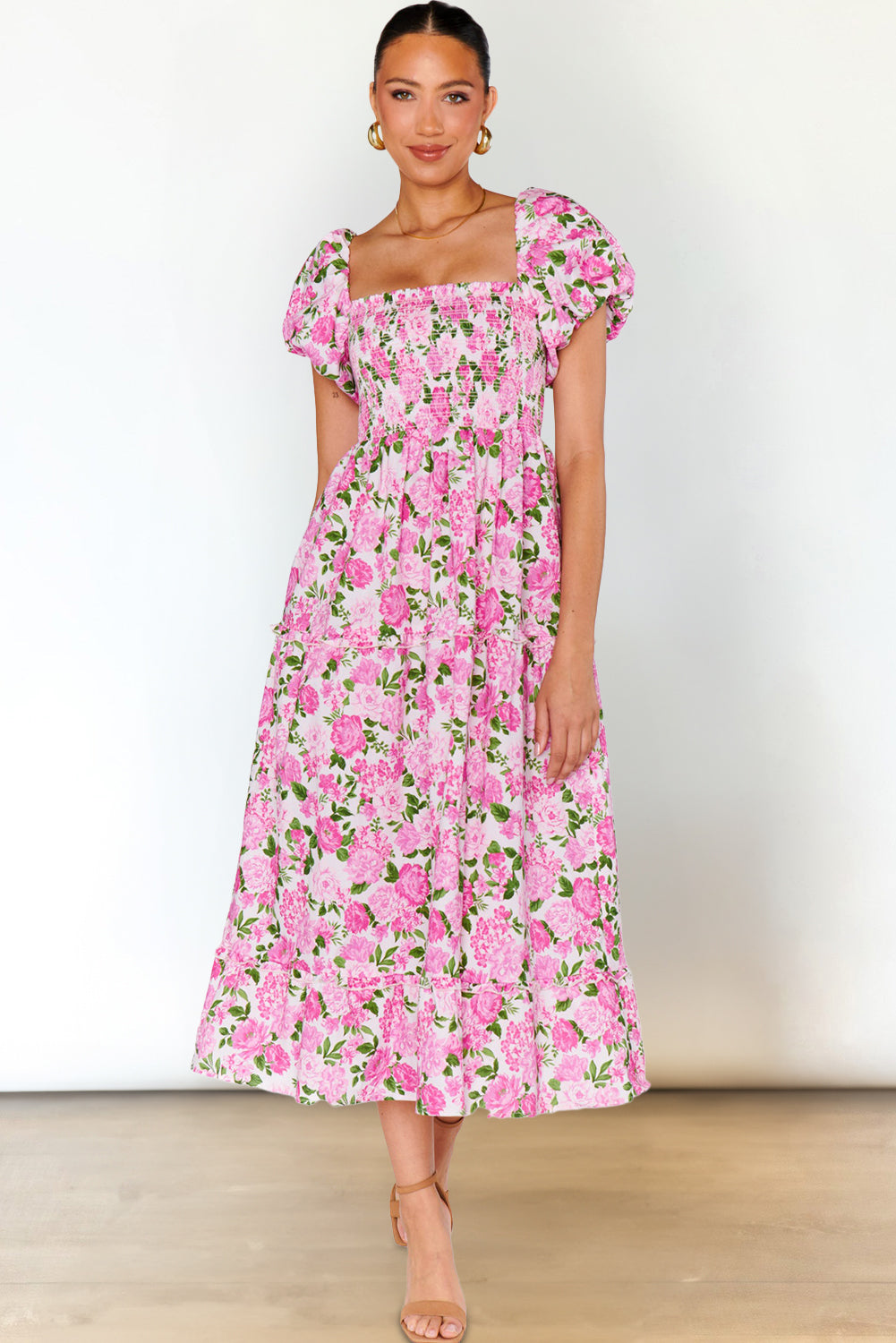 Pink Floral Smocked Puff Sleeve Flowy Midi Dress ebdad17042e79a9c
