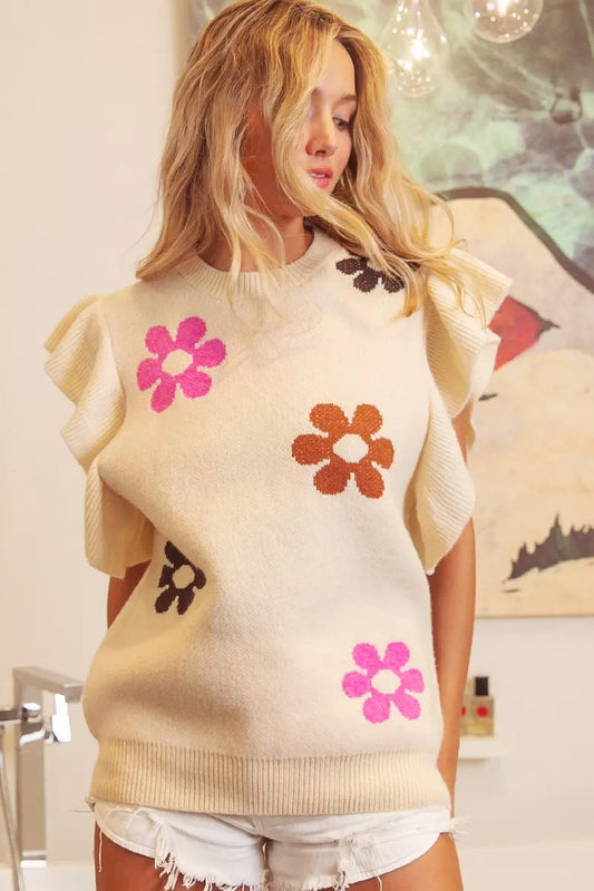 Flower Printed Ruffled Sleeves Top OATMEAL ebe173fd-5a36-41c8-8f9e-10f287e29d4f-Max-Origin
