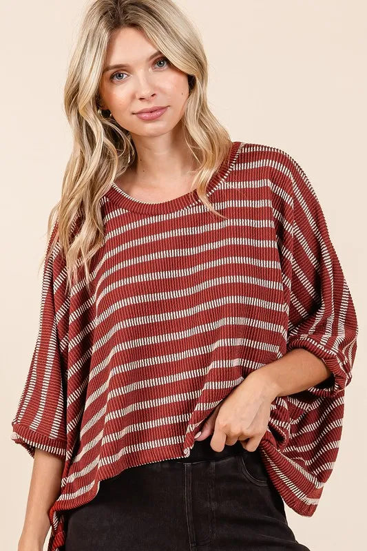 Texture Striped Print Round Neck Dolman Sleeve Top ebe6919d-5aa6-47e9-9a28-c0ce493d7c6e-Max