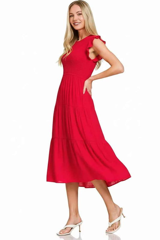 Zenana Woven Smocked Ruffle Sleeve Midi Dress ebe90d20-b728-42a4-b3db-2d7725a52c05-Max-Origin
