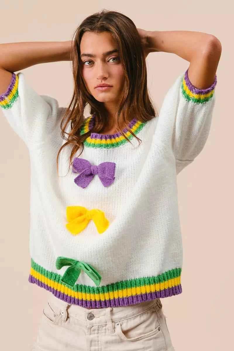 BiBi Short Puff Sleeve Ribbon Bow Mardi Gras Sweater ebeaaa6944504774900705cb1b9497a0-Max-Origin