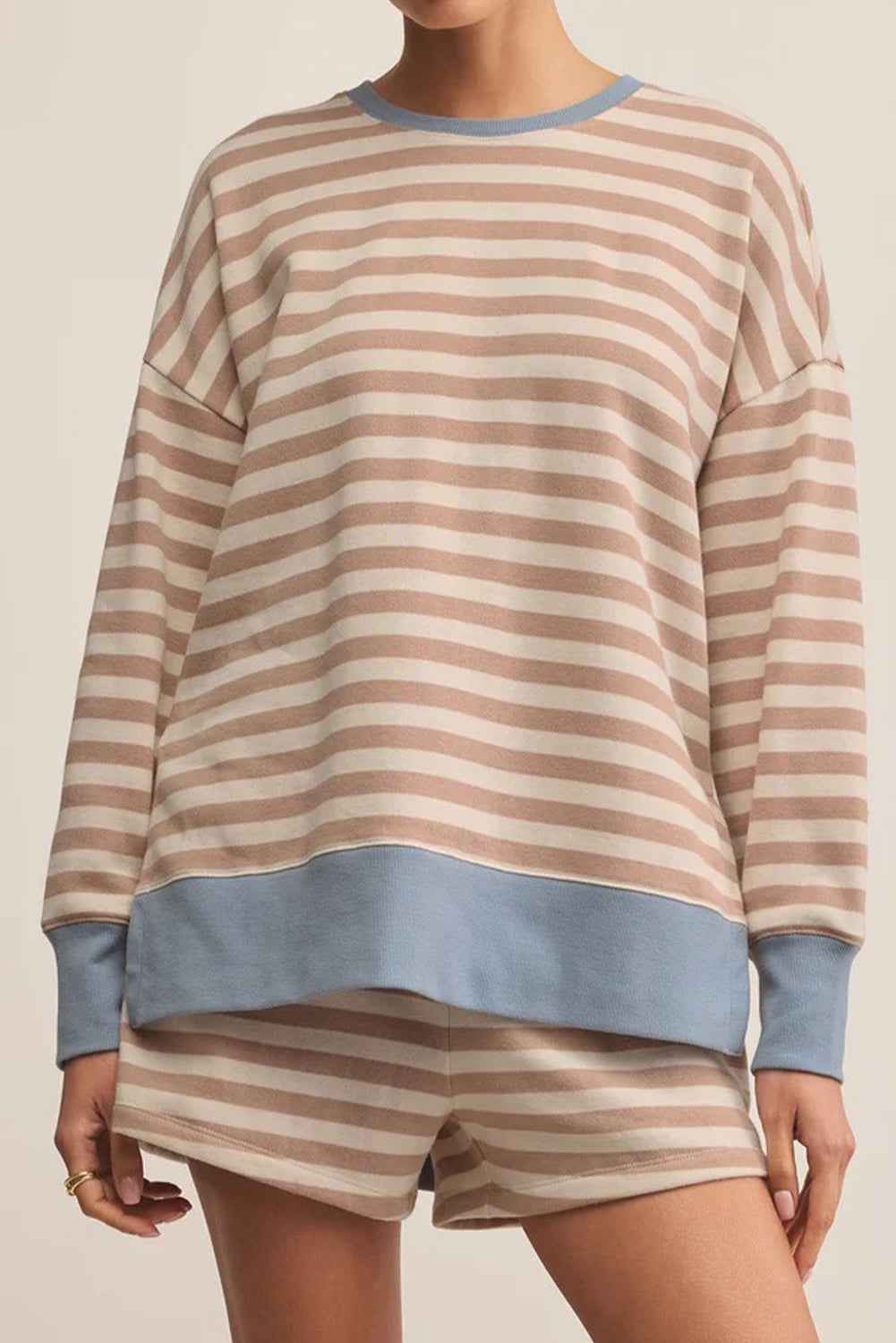 Khaki Stripe Colorblock Patchwork Oversized Pullover Drawstring Shorts 2pcs Set ebed6d8a802f840f