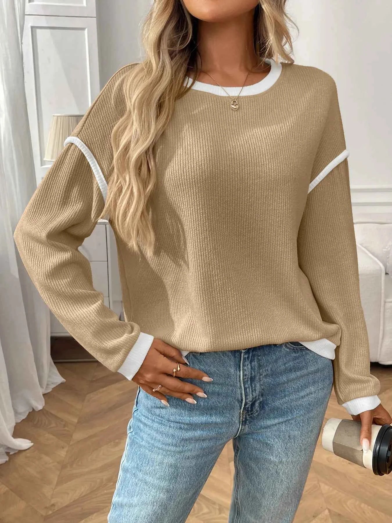 Ribbed Contrast Trim Long Sleeve Top Tan ebef34fb-1f10-4c46-a1c7-5e6a56055528-Max-Origin