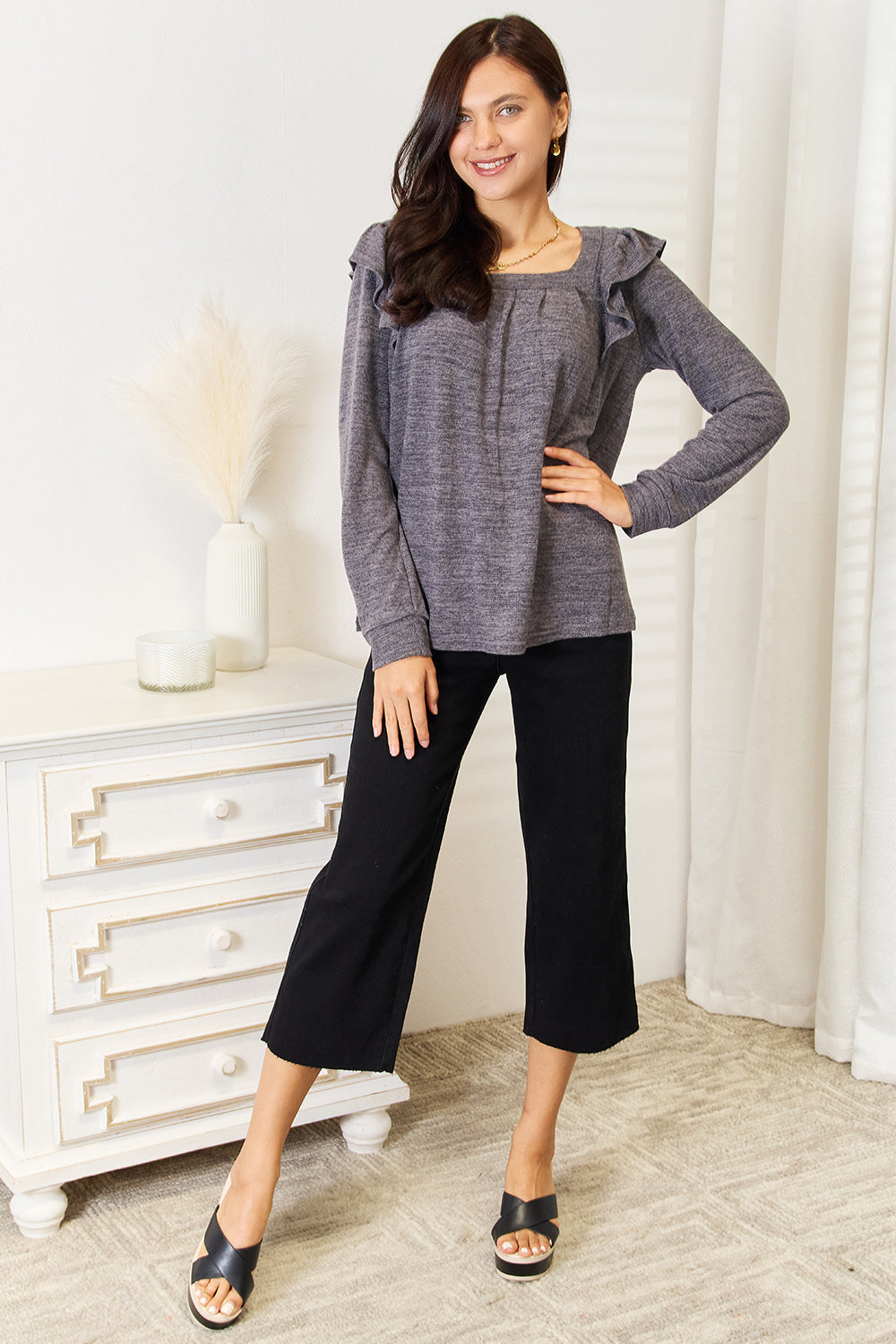 Double Take Square Neck Ruffle Shoulder Long Sleeve T-Shirt ebf2514d972440a1b498224dd3799512-Max