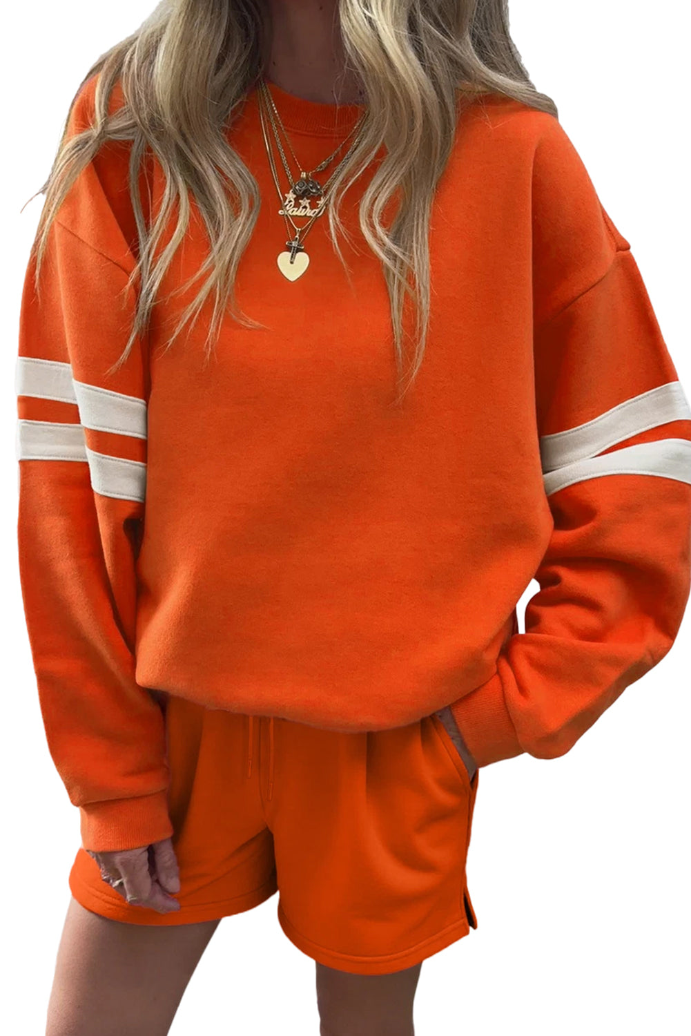 Orange Varsity Striped Sleeve Drop Shoulder Sweatshirt and Shorts Set Orange 65%Polyester+35%Cotton ebfba2de30bf5a84