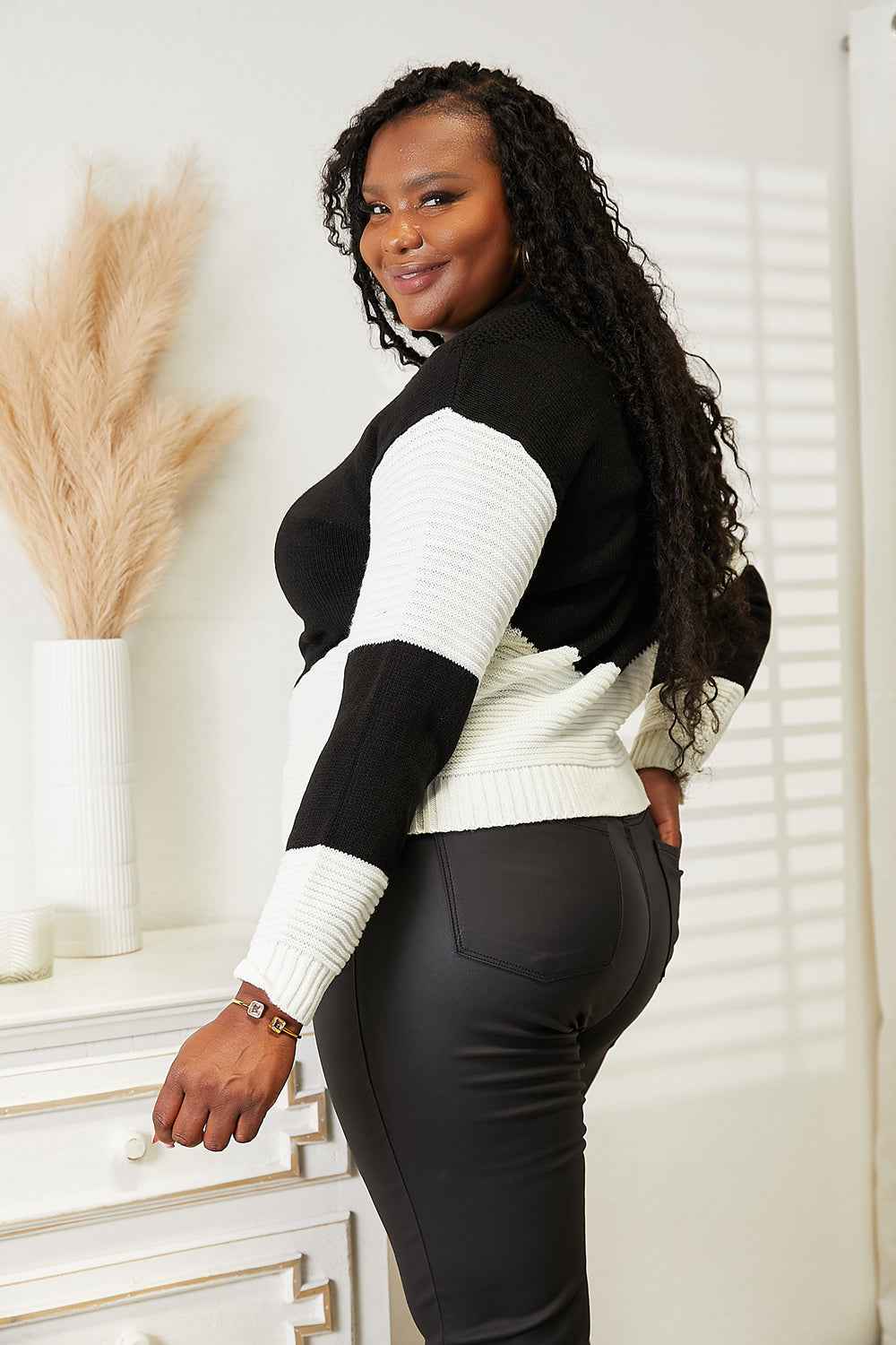 Woven Right Two-Tone Openwork Rib-Knit Sweater ebfc3beec1b445128888188297af5a7f-Max