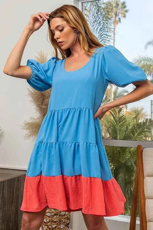 BiBi Two-Tone Balloon Sleeves U Neck Tiered Ruffle Hem Mini Dress ebfd8e2decfc49188a9955cb7dfd7f76-Max-Origin