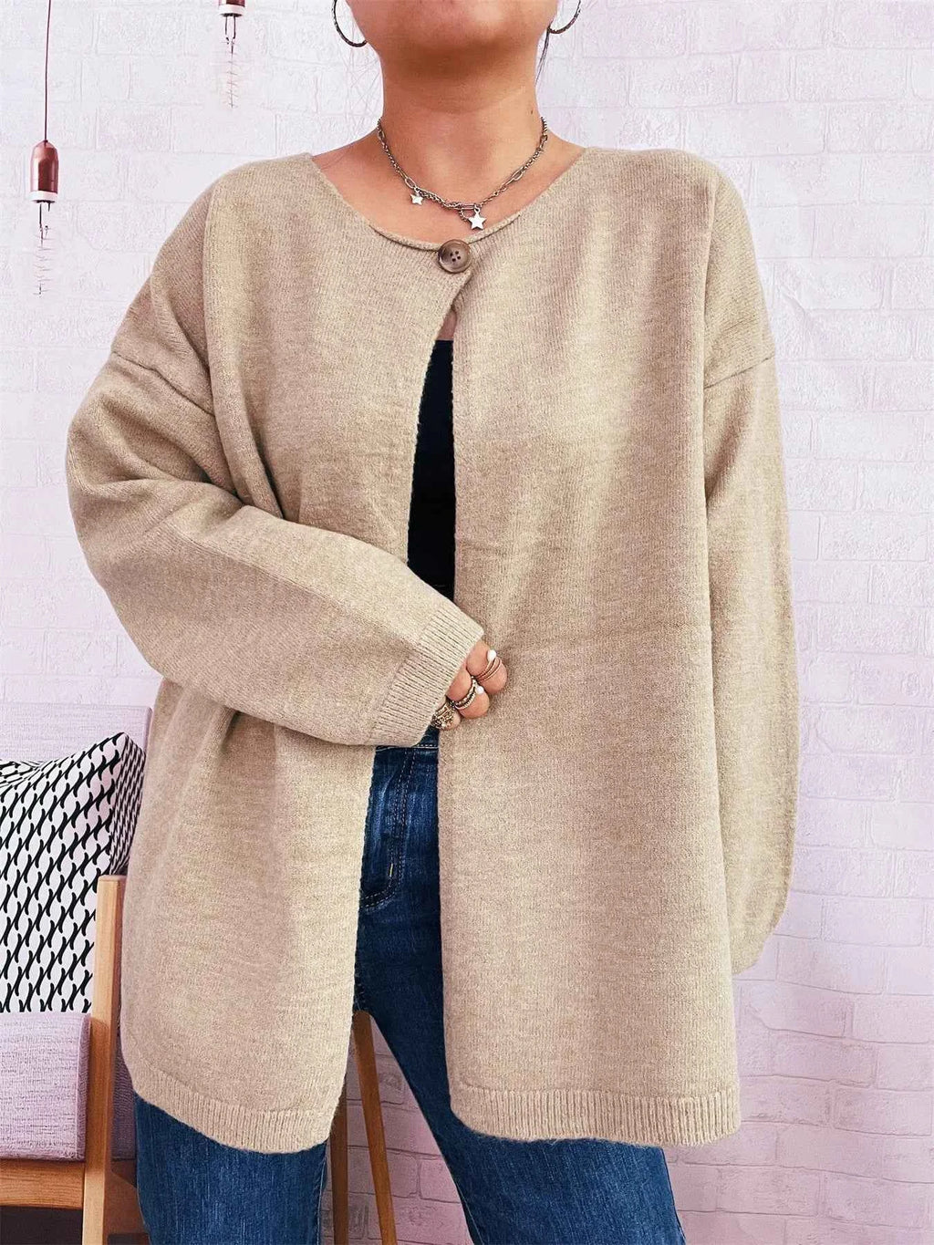 One Button Front Drop Shoulder Cardigan ec05dd58baad4ed299c4a3b3a6ee0c87-Max-Origin