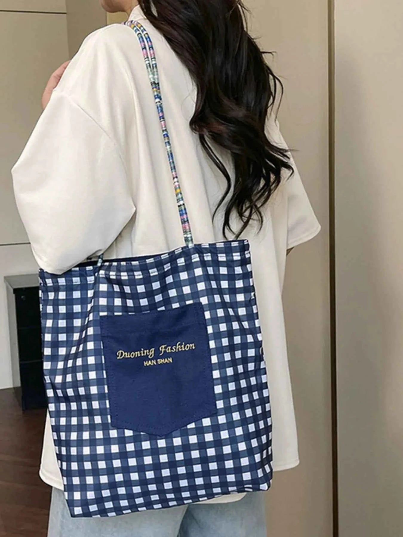 Gingham Pattern Tote Bag Blue ONESIZE ec0cc9b4-b8c2-48ae-aba3-7ba81bb4ee6c-Max-Origin