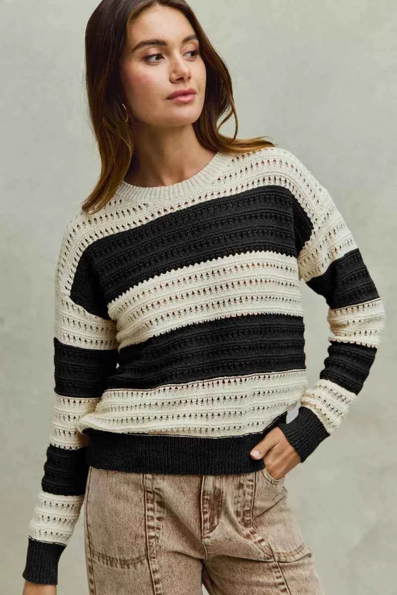 SO ME Openwork Round Neck Wide Stripe Textured Sweater CREAM BLACK ec0e15f6-5e0f-4dc5-8b04-b18d1a0277ba-Max-Origin