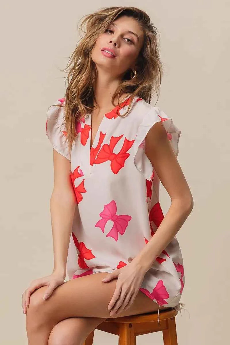 Bow Printed Woven Ruffled Sleeves V Neck Top ec12edc9637449419904dd967f54fb9d-Max-Origin