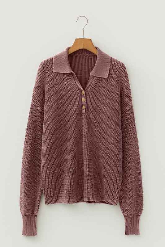 Mineral Wash Buttoned Polo Collar Knit Sweater Dark Brown ec15b625-bd2f-4d7b-8084-91b144362540