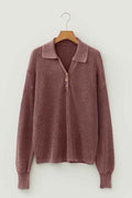 Mineral Wash Buttoned Polo Collar Knit Sweater Dark Brown ec15b625-bd2f-4d7b-8084-91b144362540