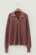 Mineral Wash Buttoned Polo Collar Knit Sweater Dark Brown ec15b625-bd2f-4d7b-8084-91b144362540