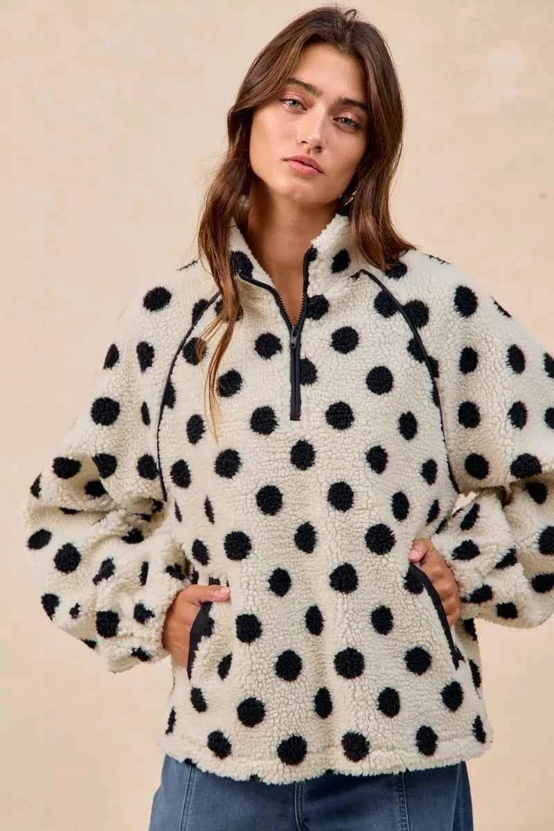 Polka Dot Sherpa Half Zip Up Top with Side Pocket ec16c1d2-8858-4b77-a11c-253ebab87b73-Max-Origin
