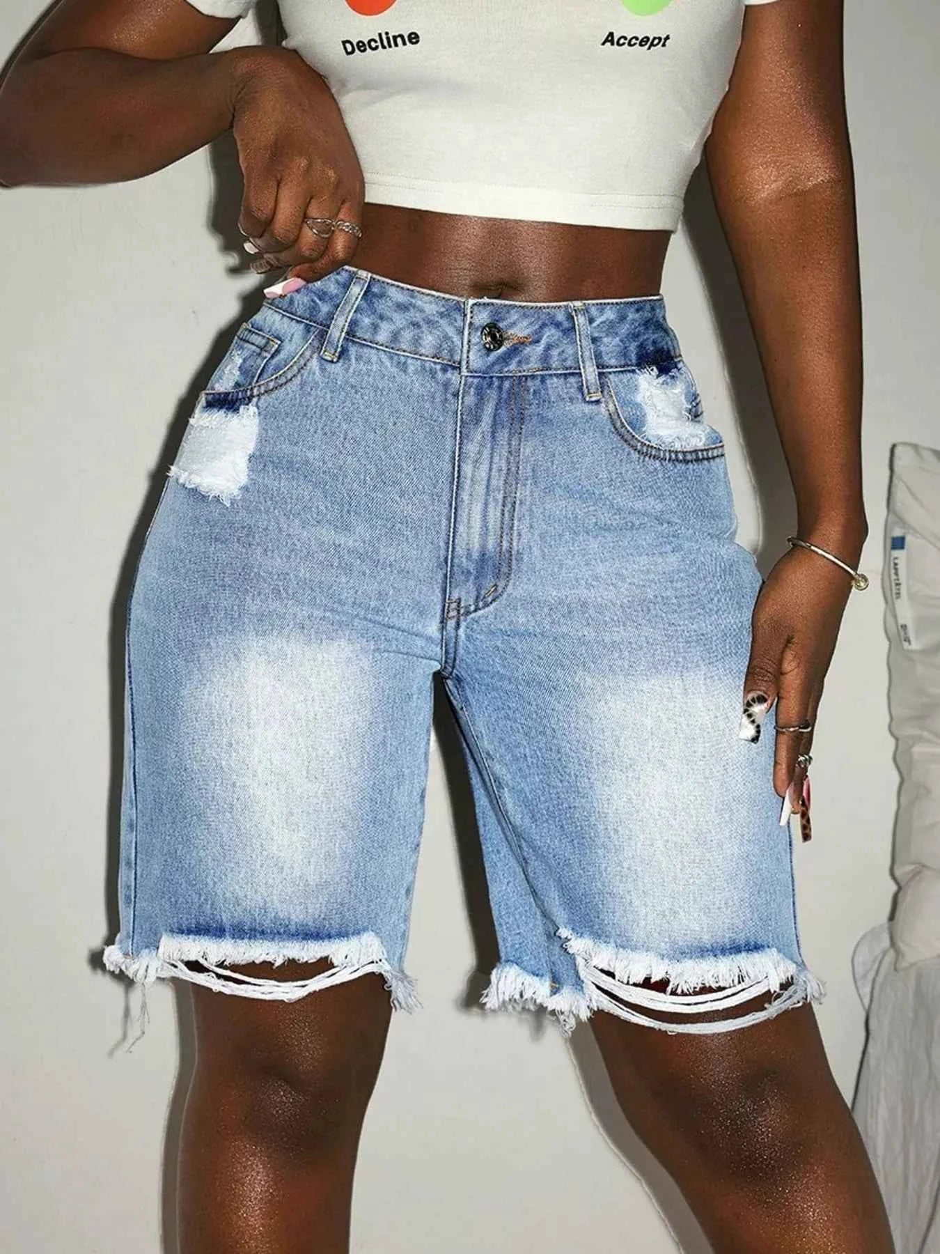 Distressed High Waist Frayed Hem Denim Shorts Blue ec183102316d4a3d99d607bcebee2362-Max-Origin